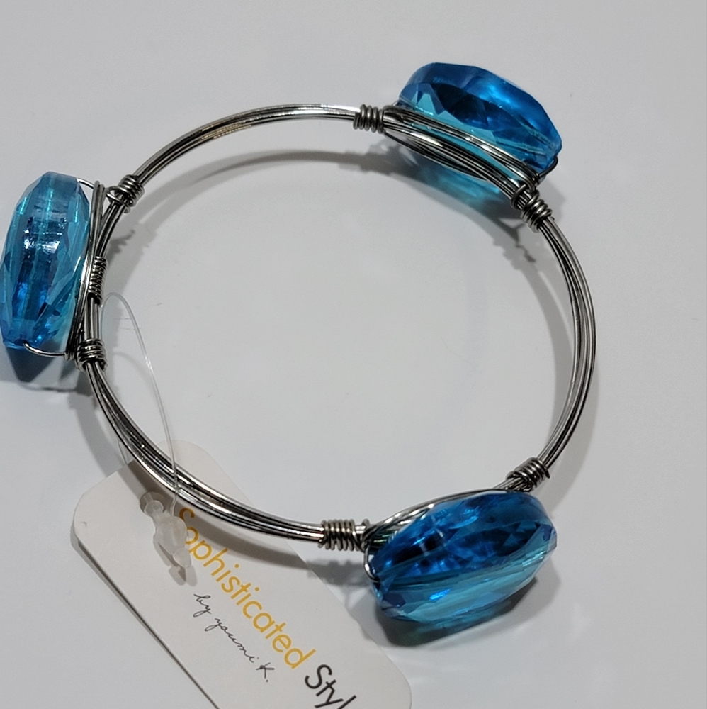 Youmi K Silver Tone Metal Wire with Large Blue Stones Bangle Bracelet New